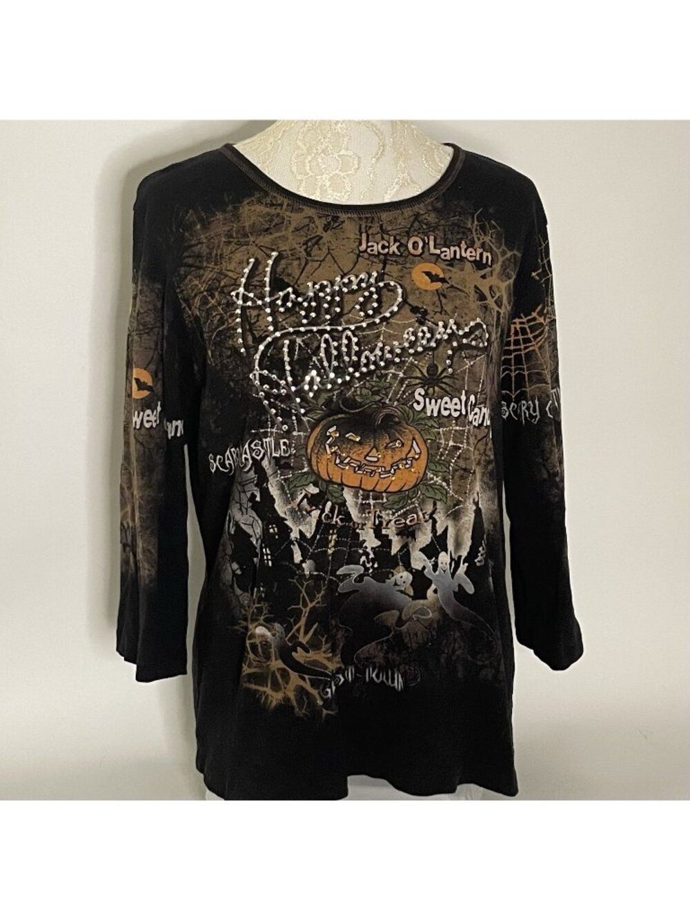 Vintage Cactus Happy Halloween Shirt USA Ghost Pumpkin Rhinestone 3/4 Sleeve L